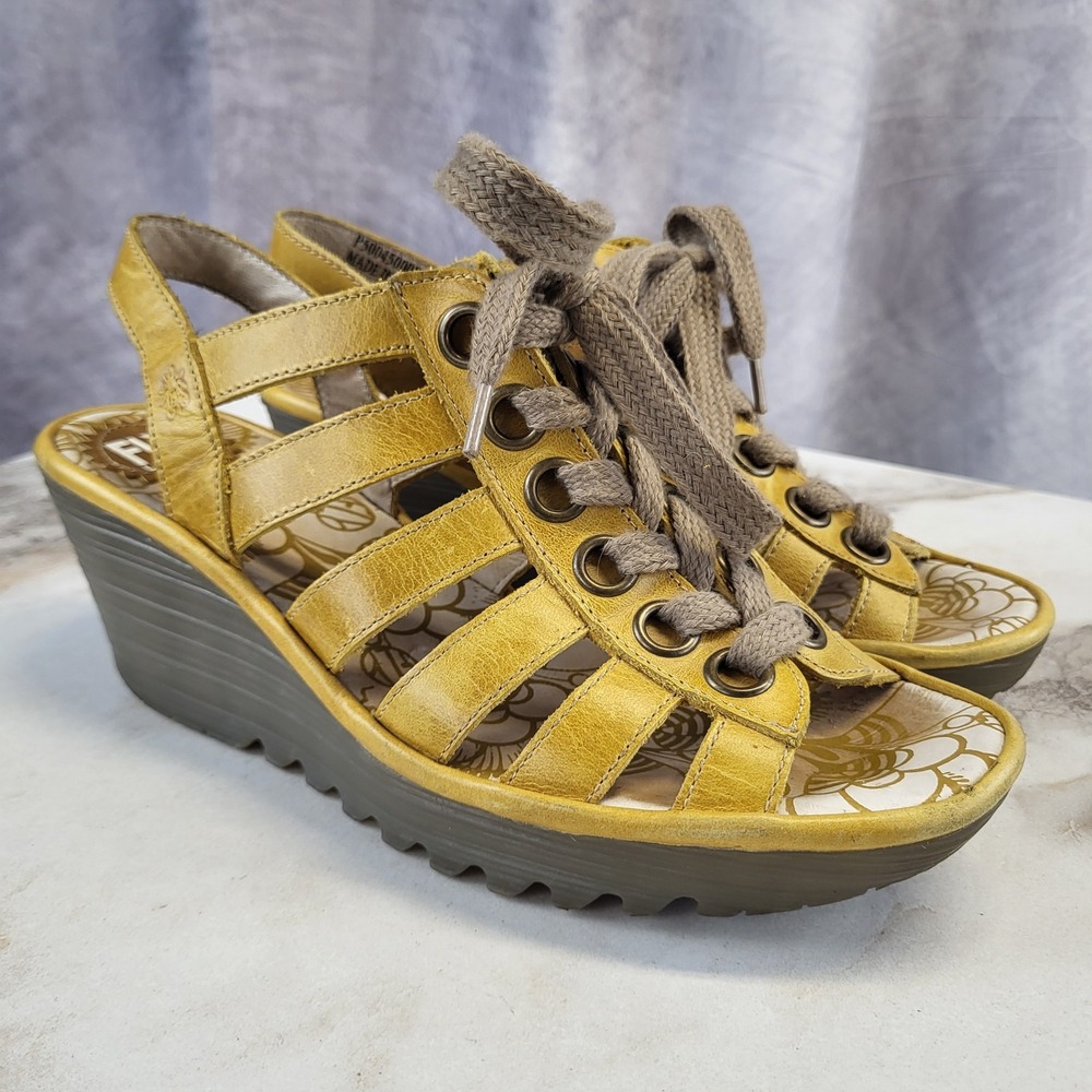 Fly London Yito Lace Gladiator Wedge Sandals Wheat Tan Women's Size 10/40
